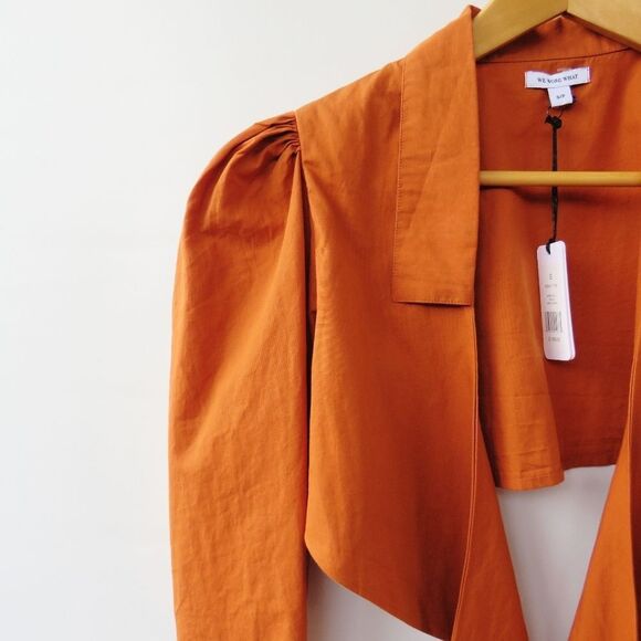 WeWoreWhat Womens Small Bisou Burnt Orange Puff Sleeve Tie Front Crop Blouse - Picture 4 of 16